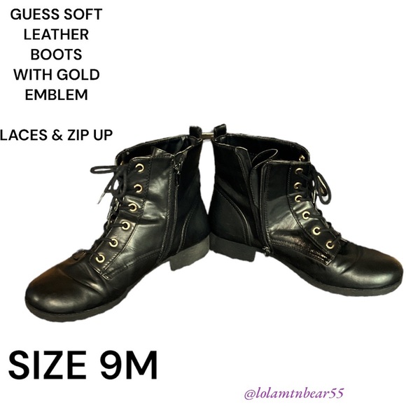 GUESS BRAND SOFT LEATHER ANKLE BOOTS-SIZE 9M-GOLD EMBLEM ON SIDES-ZIP UP AND TIE - Picture 4 of 16